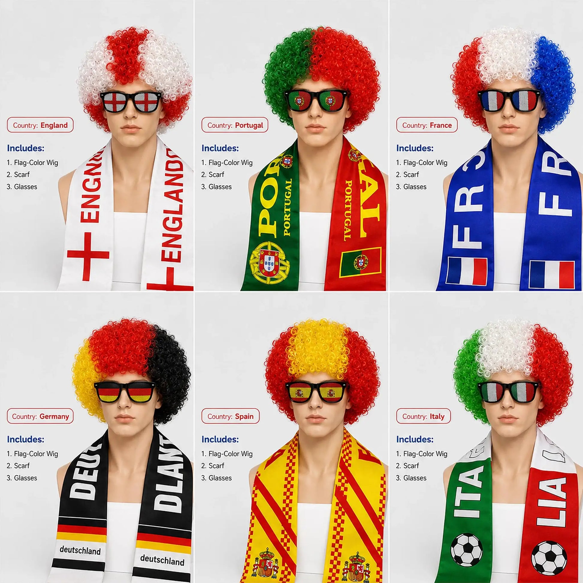 World Cup Flag Color Wig Glasses Set, Kinky Curly Wig Fan Hair Including Scarf Glasses Set European Cup National Team Dress - ToylandEU