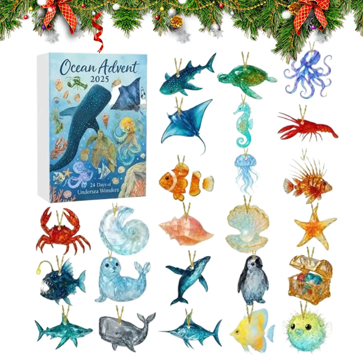 Advent Calendar | Ocean Animal Figurines | 2D Acrylic Sea Creatures | Christmas Gift For Boys And Girls