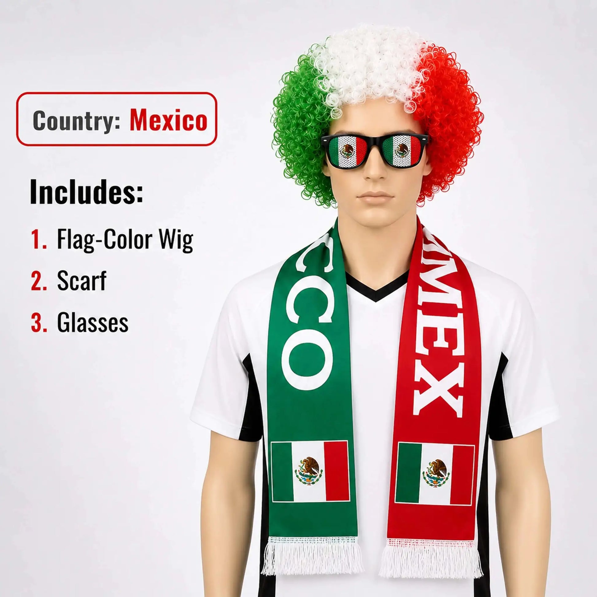 World Cup Flag Color Wig Glasses Set, Kinky Curly Wig Fan Hair Including Scarf Glasses Set European Cup National Team Dress - ToylandEU