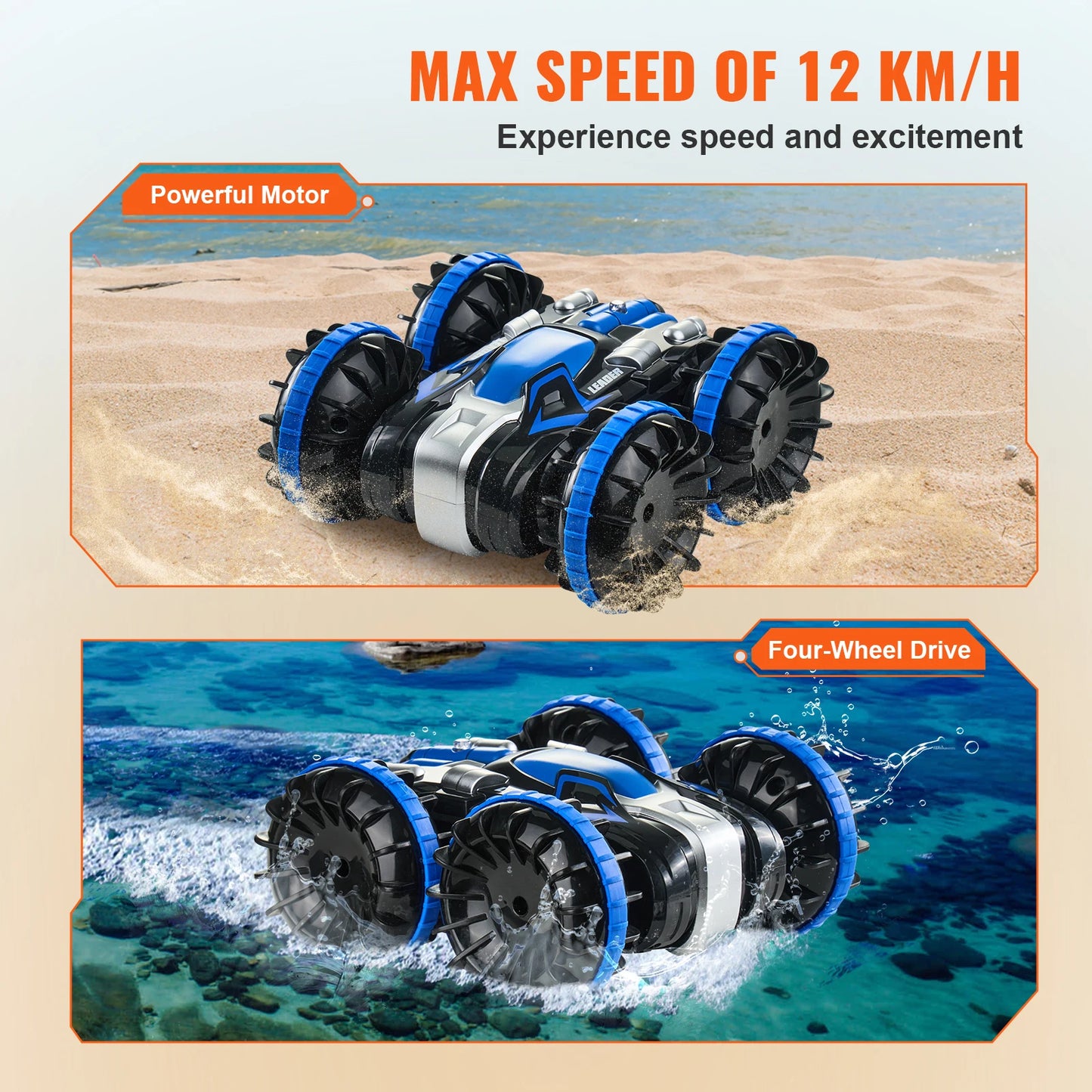 RC VEVOR 2-in-1 Amphibious Remote Control Car and Boat - 360° Stunt Capable, 12 km/h Speed, Ideal Water & Beach Toy for Boys