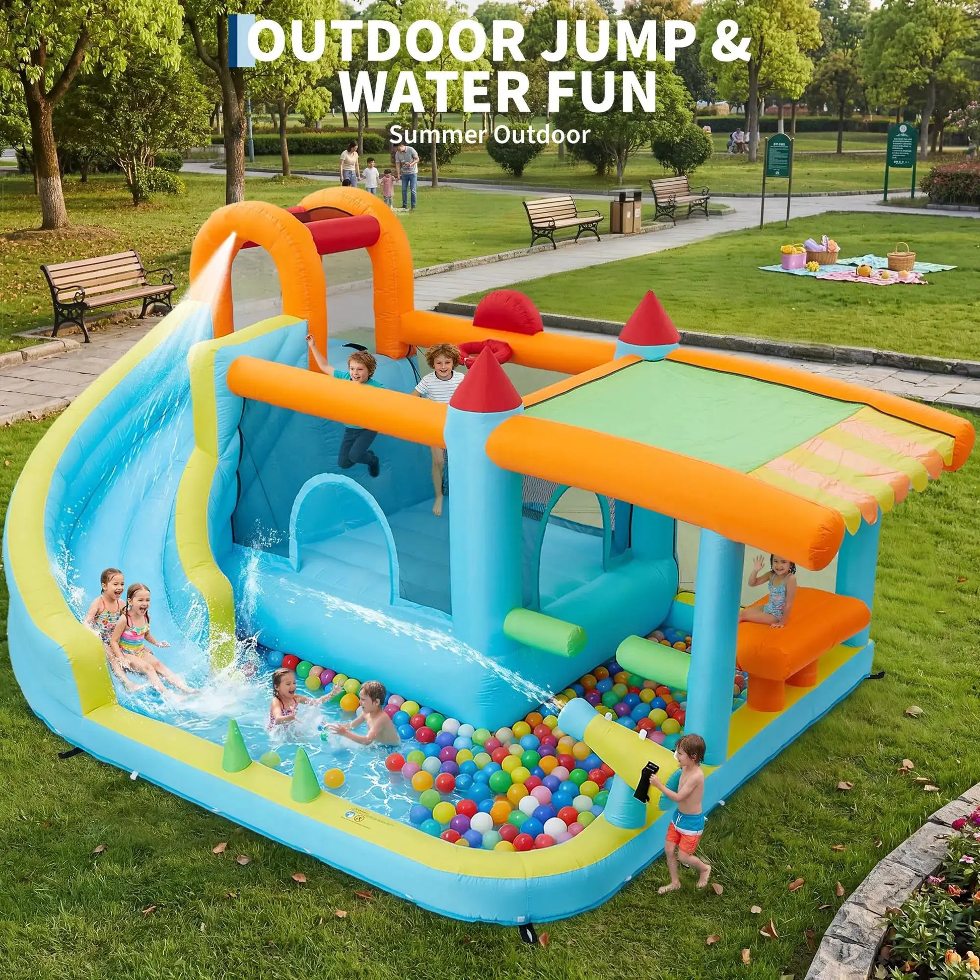 14x10FT Inflatable Bounce House 12-In-1 Wet Dry Water Slide With 450W Blower Kids Jumping Castle For Indoor Outdoor Backyard - ToylandEU
