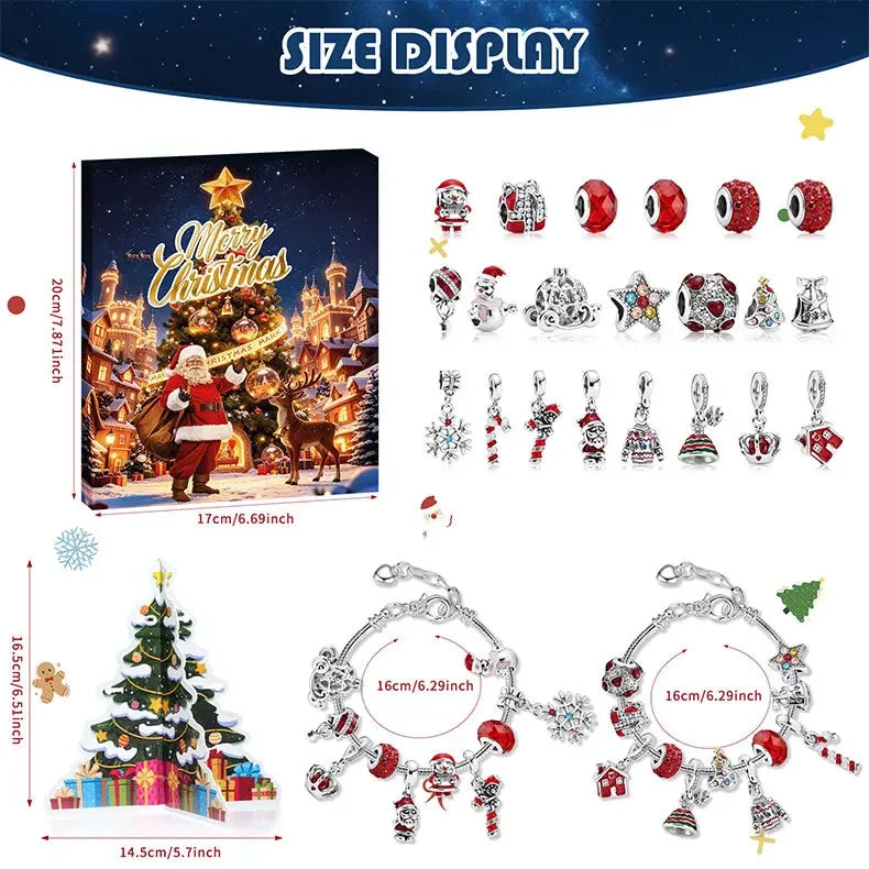 Advent Calendar | 24 Day Charm Bracelet Set | Alloy Metal Pendants And Beads | Christmas Jewelry Gift