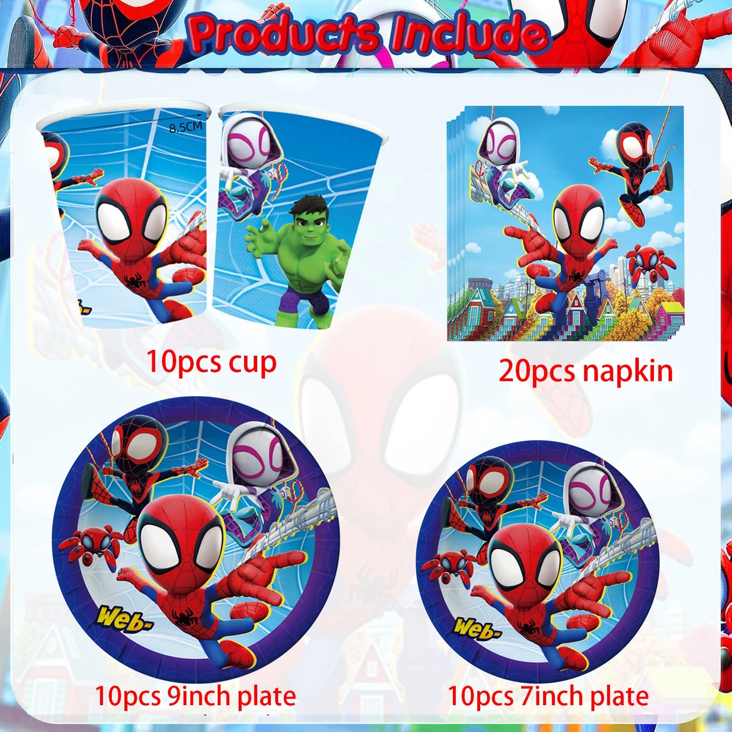 Spider Birthday Party Supplies | Disposable Tableware Set | Plates Cups Napkins