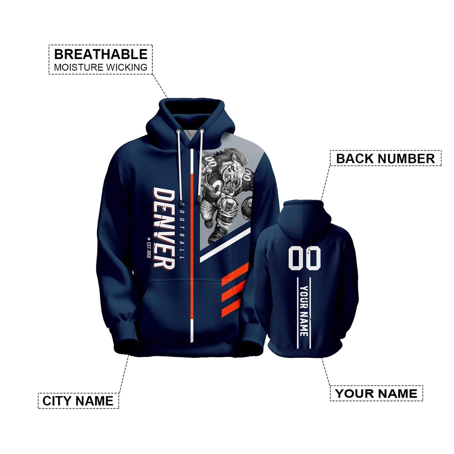 Customizable American Football Hoodie for Denver - Personalized Sweatshirt with Name & Number for Men, Women, and Youth - Ideal Christmas Gift for Fans