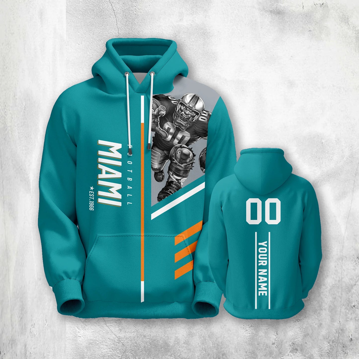 Personalized 3D Printed Miami Football Hoodie for Men & Youth - Custom Name, Number, City & Mascot Pullover Gift