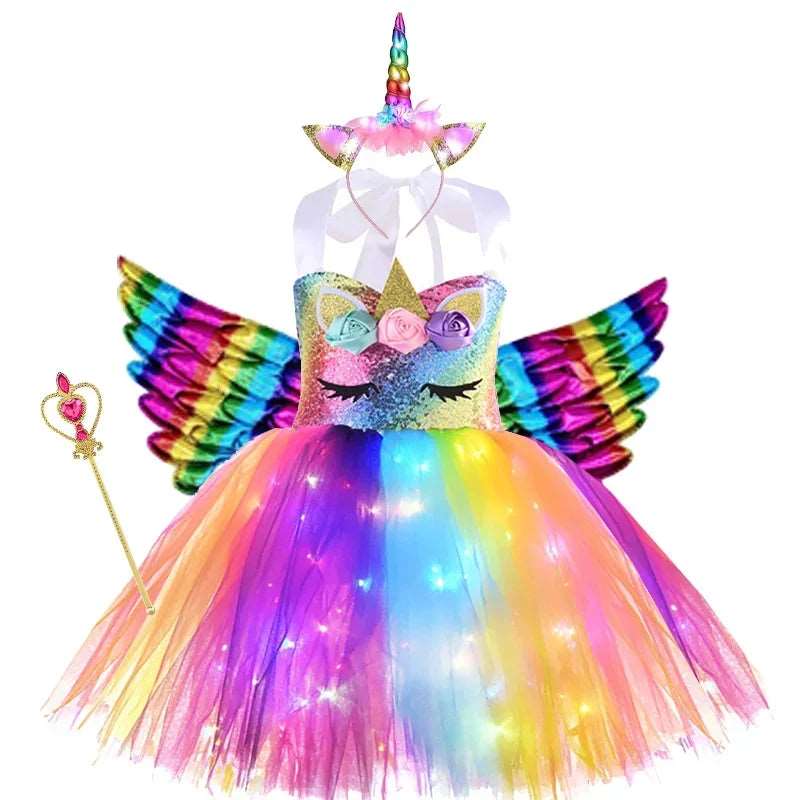 Enchanted Rainbow Unicorn Tutu Dress for Girls - Summer Fantasy Cosplay Costume with Glowing Appliques