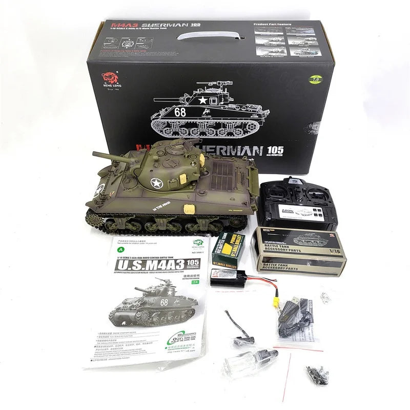 RC 1:16 Scale M4A3 Sherman Electric Remote Control Tank with Telescopic Gun Tube - Military Model Toy