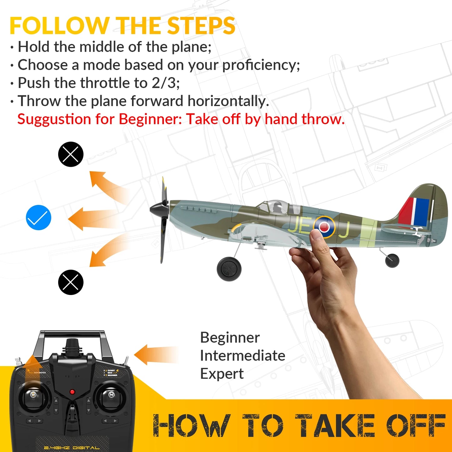 Volantex Spitfire RC Plane EPP 400mm Wingspan Aerobatic Fighter Warbird - Ready-to-Fly 2.4G 4CH Outdoor Aircraft