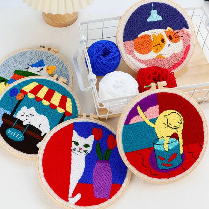 Beginner Cat & Floral Punch Needle Kit - Adjustable Embroidery Pen, Hoop, and Craft Supplies for Kids and Adults