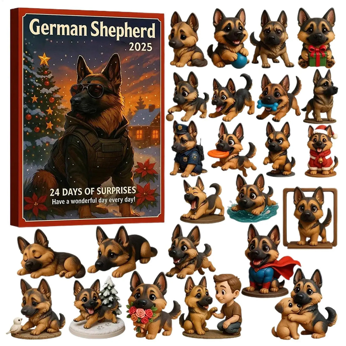 Advent Calendar | German Shepherd Ornaments | 24 Piece 2D Flat Dog Decorations | Kids And Adults Gift
