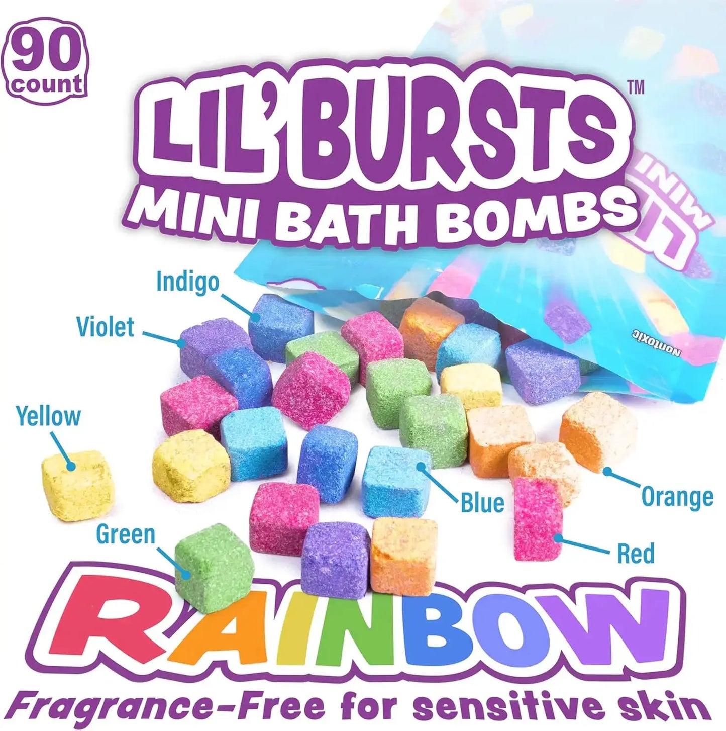 90 Mini Bath Bombs for Kids, Rainbow Colors, Nontoxic, Foam & Bubbles, Bathtub Art Fun - ToylandEU