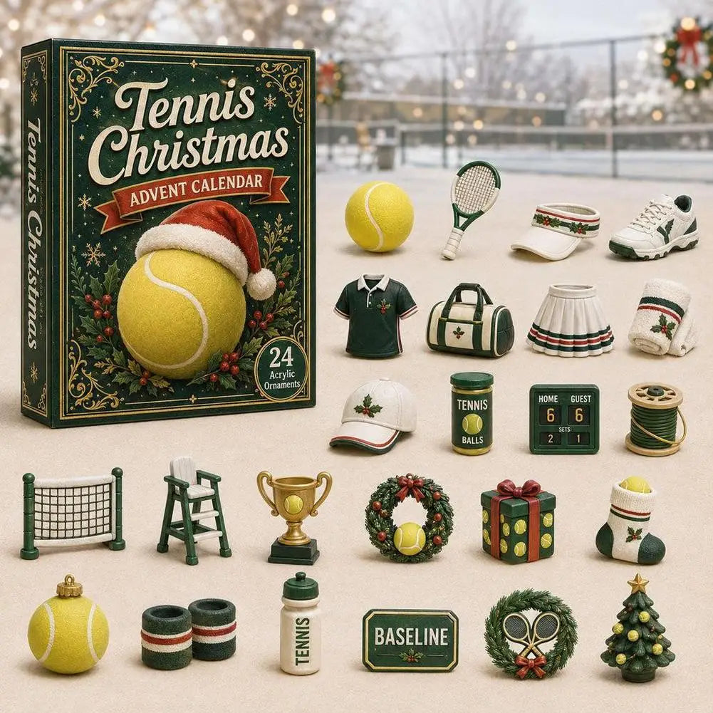 Advent Calendar | 24 Day Tennis Theme | Acrylic Visors Nets And Trophies | Sports Christmas Tree Ornaments