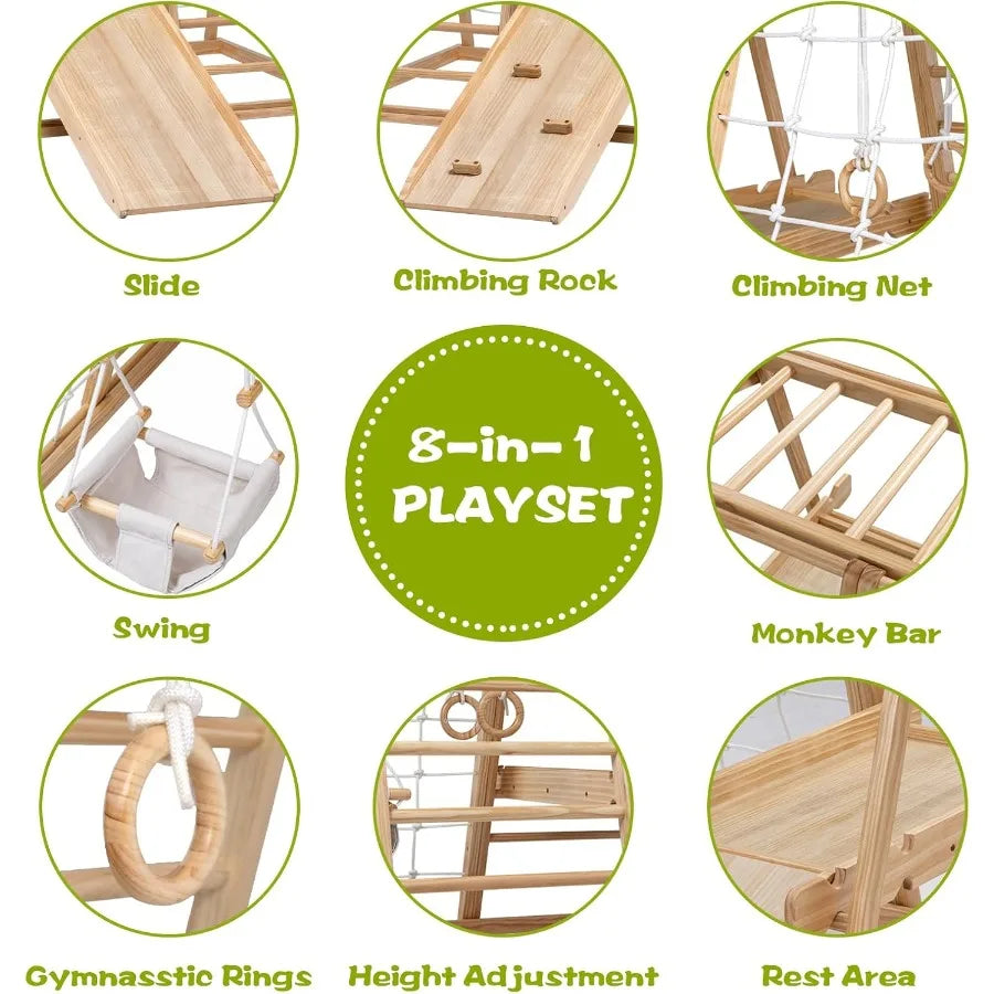 Indoor Wooden Climber Playset 8In1 Jungle Gym Montessori