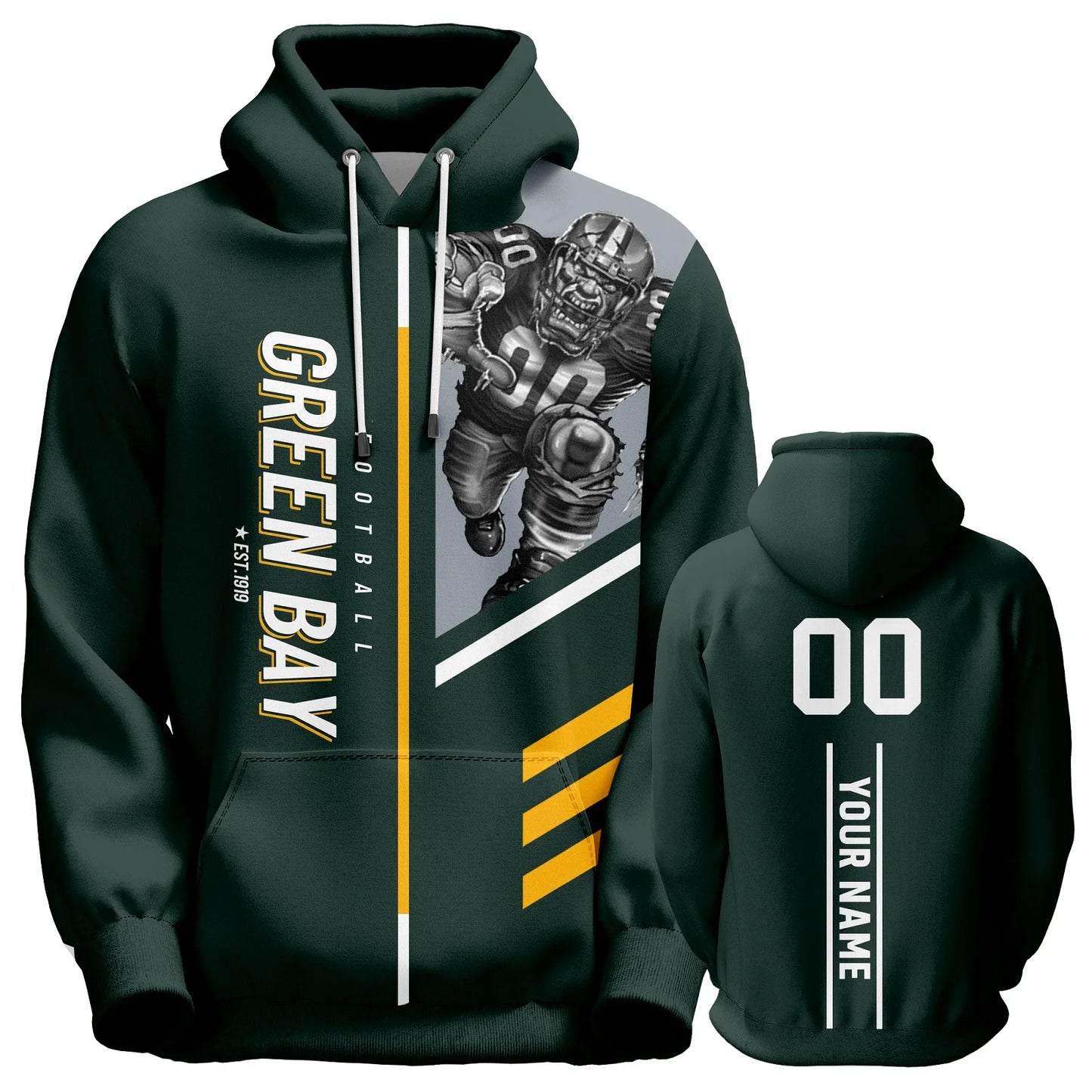 Personalized Green Bay American Football Hoodies - Custom Name & Number Sweatshirt for Men, Women, and Youth