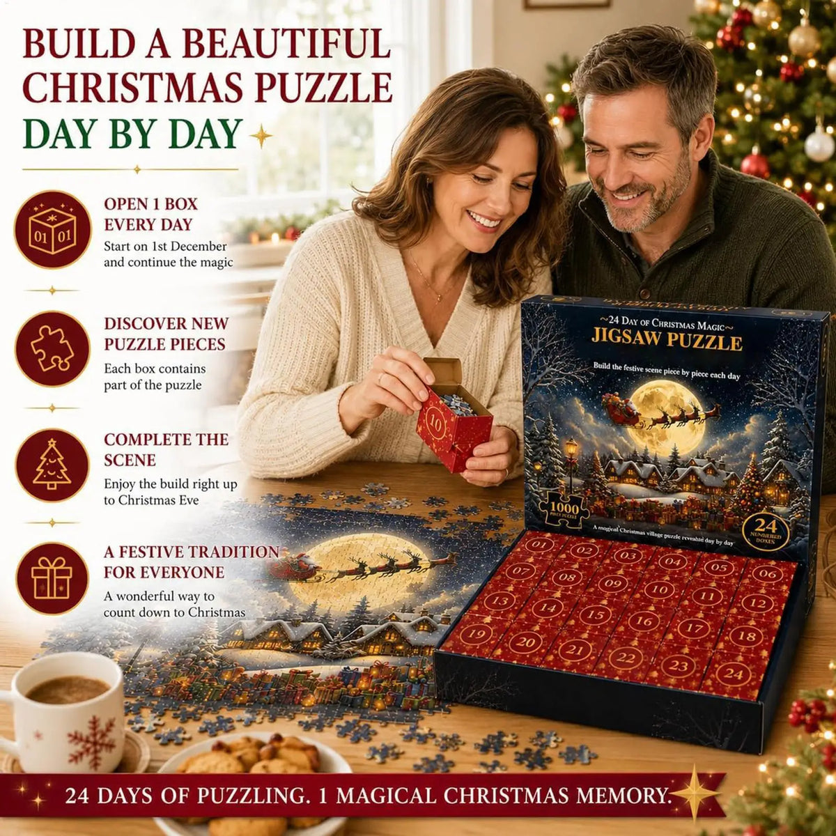 Advent Calendar | 24 Day Countdown Jigsaw Puzzle | 1008 Pieces | Snow Village Santa Holiday Gift