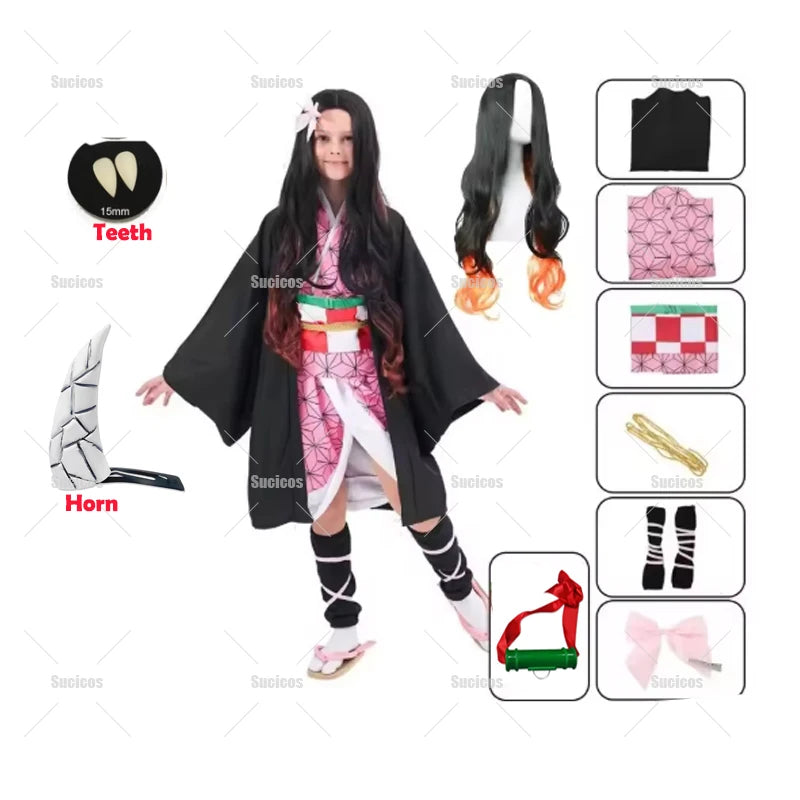 Nezuko Cosplay Props | Faux Leather Horns | Fang Teeth Set | Unisex Party Wear