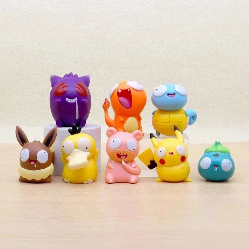 8 PCS Silly Pokemon Mini Figurine Set, Pikachu Bulbasaur Charmander Squirtle Cute PVC Action Figures