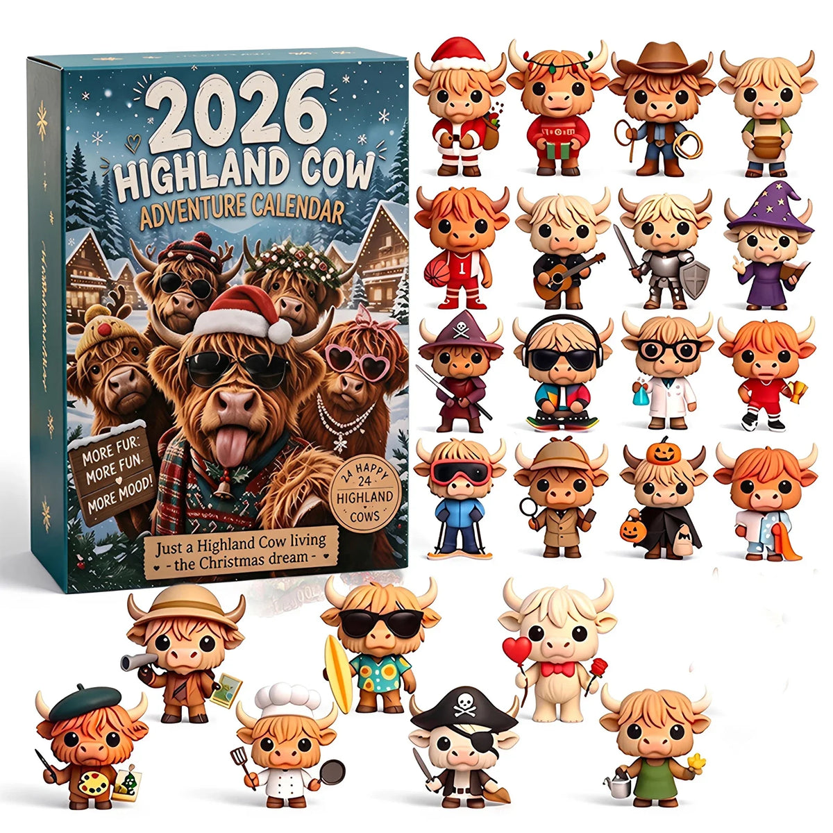 Advent Calendar | 2026 Highland Cow Figures | 24 Piece 3D PVC Display | Mantel And Shelf Decor