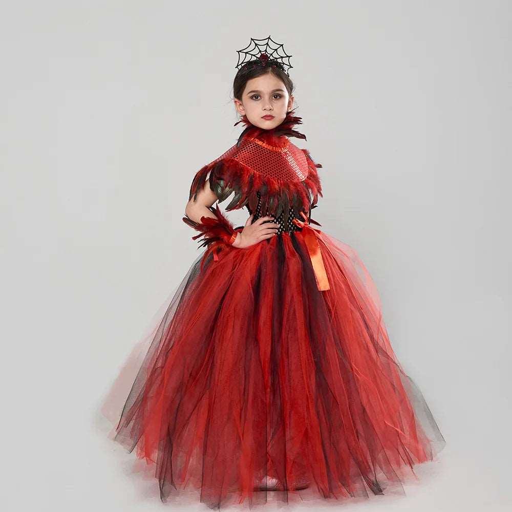 Elegant Red Mesh Demon Witch Dress for Girls - Vampire Cosplay Costume for Carnival and Halloween Parties