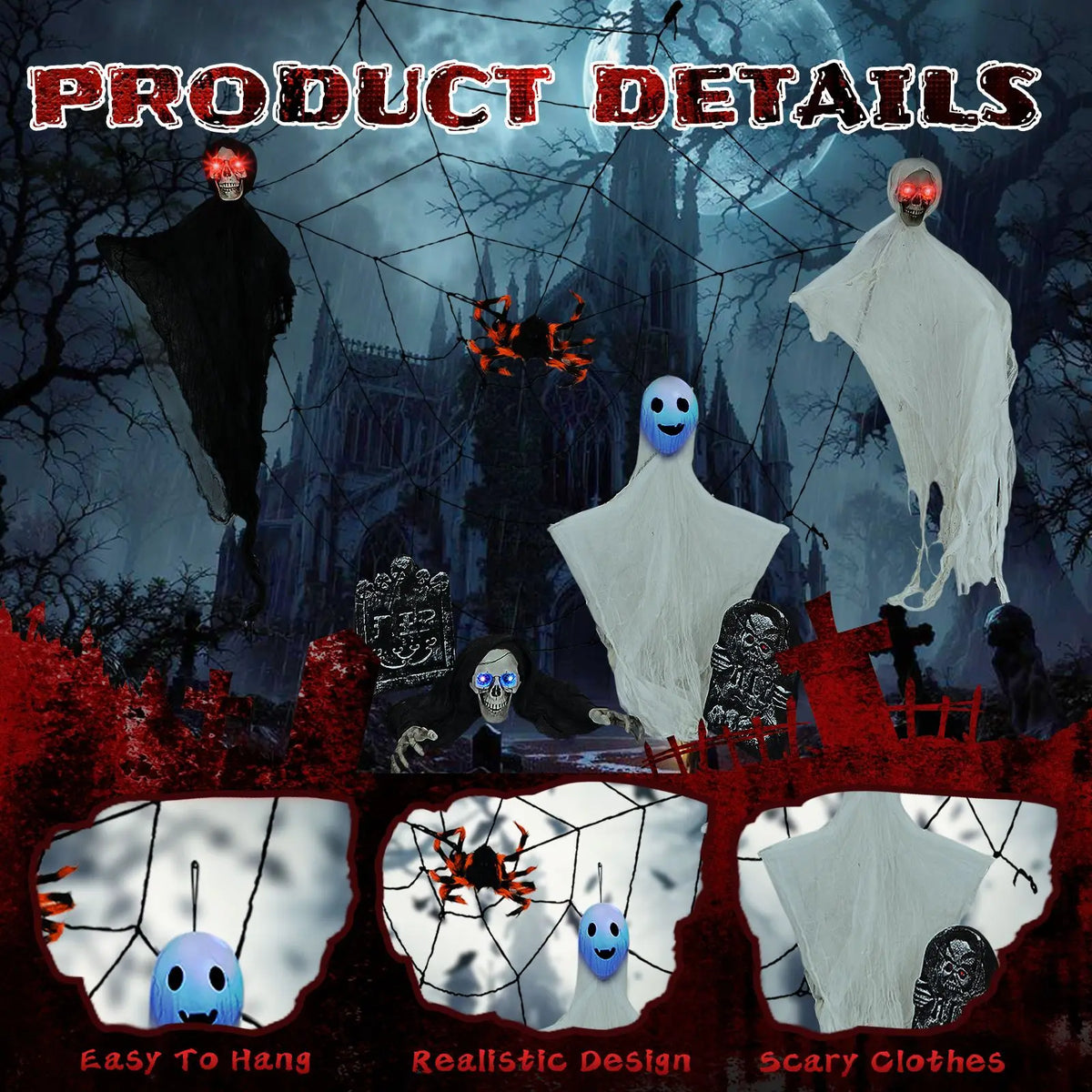 Outdoor Halloween Decorations | 8-Piece Set | Hanging Ghosts And Tombstones