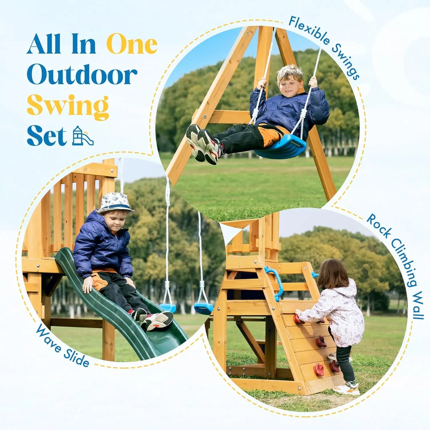 Durable Wooden Swing Set With Slide And Climbing Wall