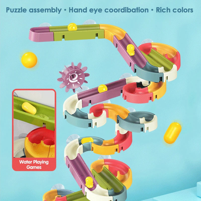 Interactive Marble Run DIY Bath Toy Set for Kids - Educational Water Slide Track with Ball Bearing Slider and Plastic Blocks