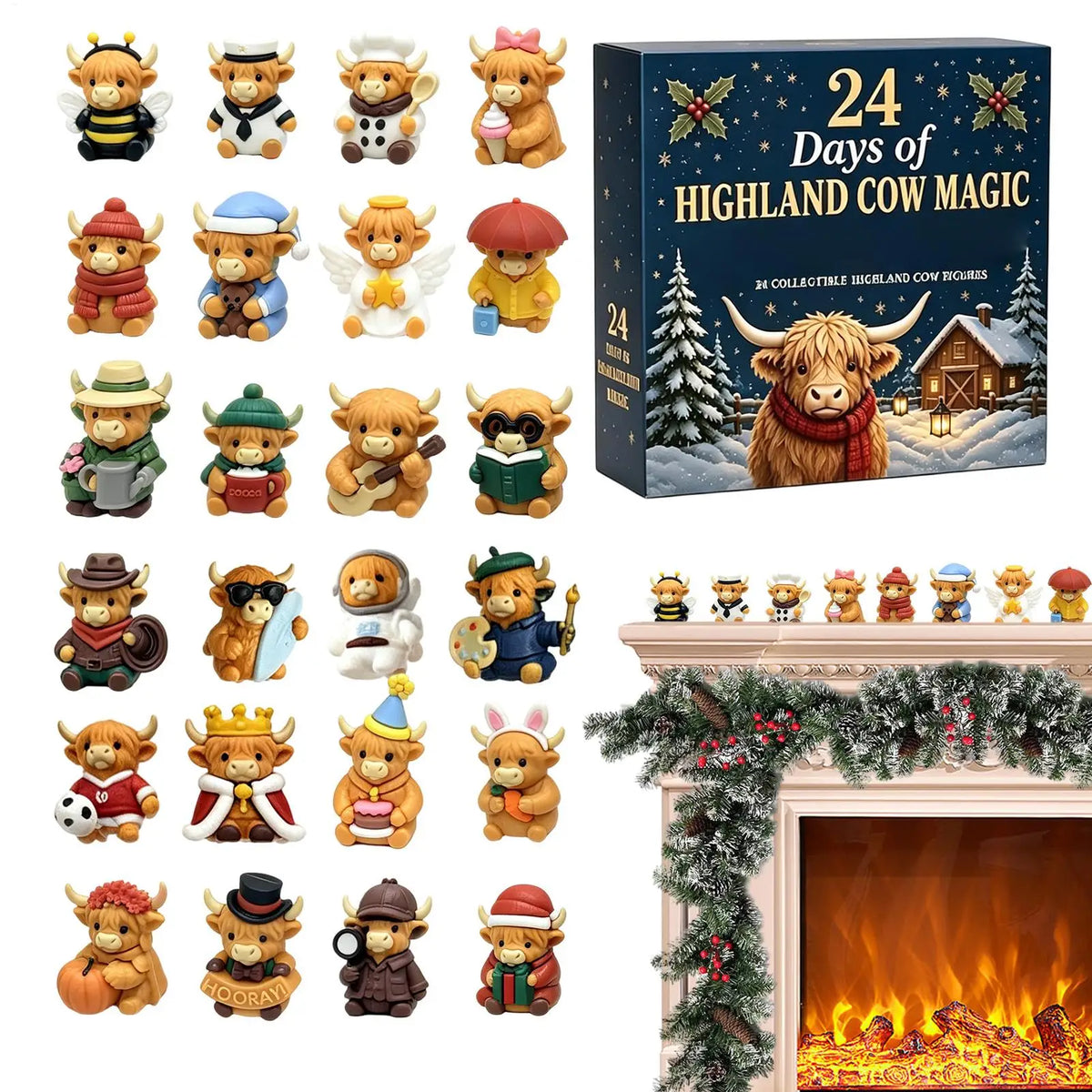 Advent Calendar | 24 Day Highland Cow Mini 3D Figurines | Christmas Tree Pendants | Countdown Keepsake Gift
