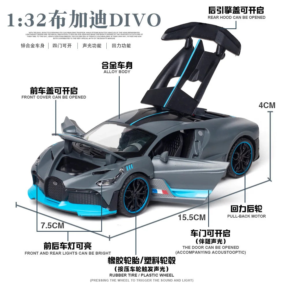 Diecast Bugatti Divo 1/32 Scale Model Car with Openable Doors and Light & Sound Features - ToylandEU