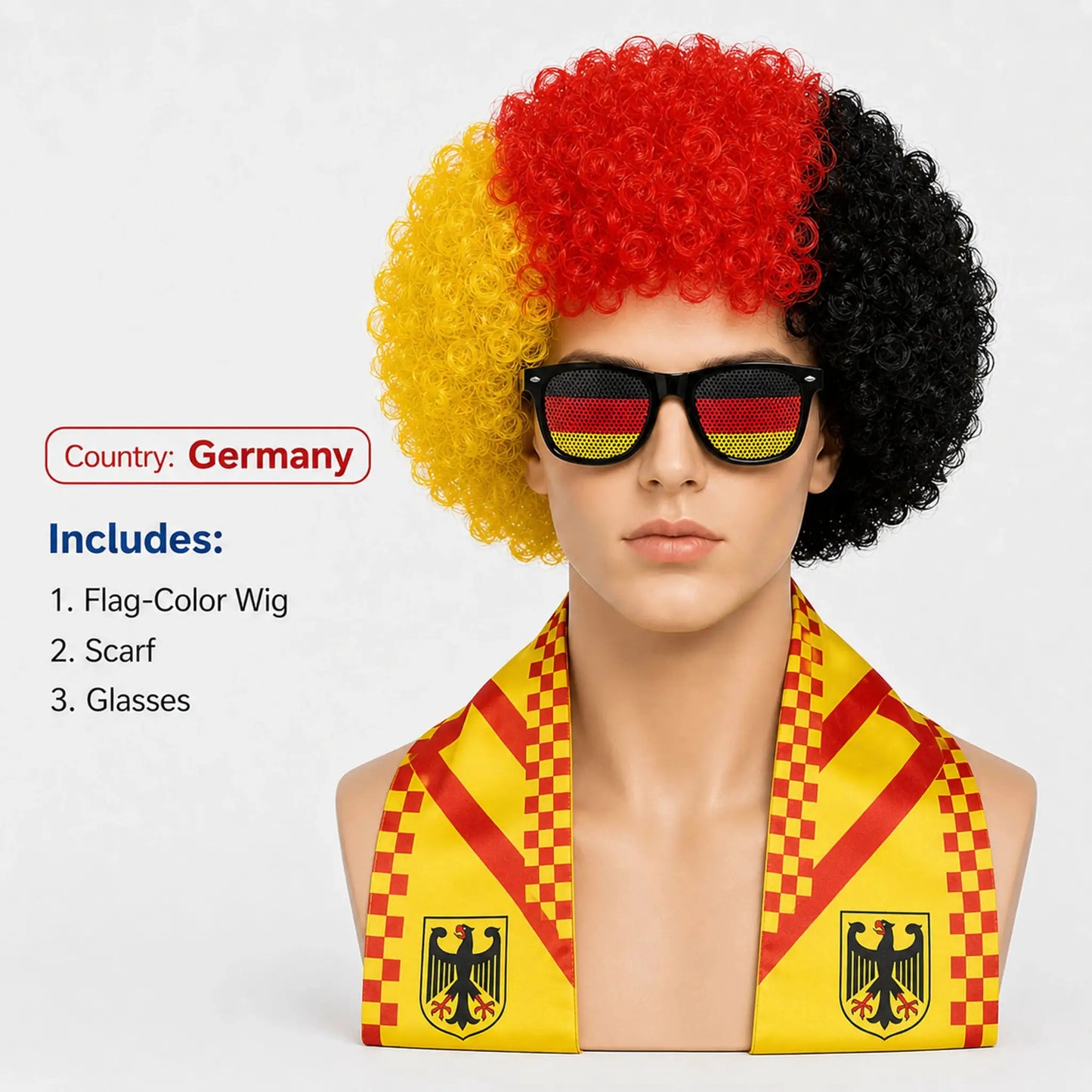 World Cup Flag Color Wig Glasses Set, Kinky Curly Wig Fan Hair Including Scarf Glasses Set European Cup National Team Dress - ToylandEU