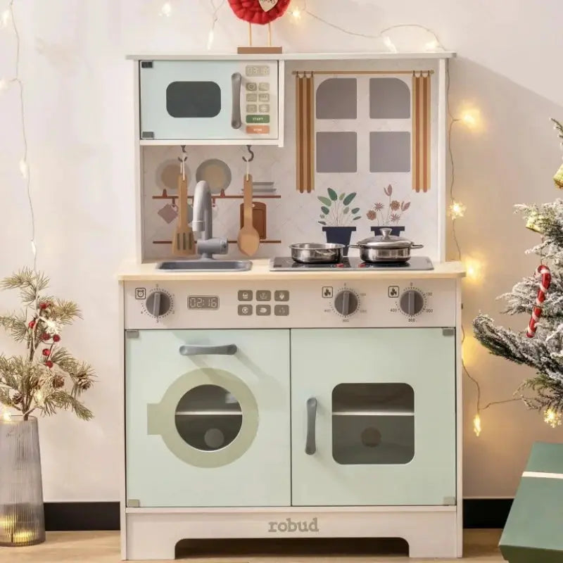 Robotime Robud Play Kitchen Wooden Play Kitchen Set Pretend Playset w/ Lights & Sounds Gift for Girls Boys Age 3+ Light Green - ToylandEU