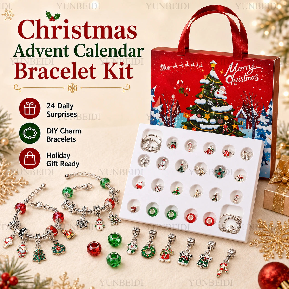 Advent Calendar | 24 Slot Charm Bracelet Blind Box | Alloy DIY Jewelry Set | Santa Series Gift