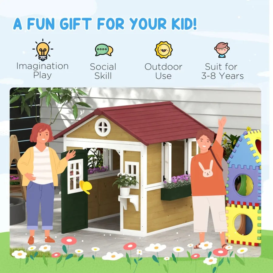 Wooden Outdoor Playhouse For Kids With Doors And Windows Planter