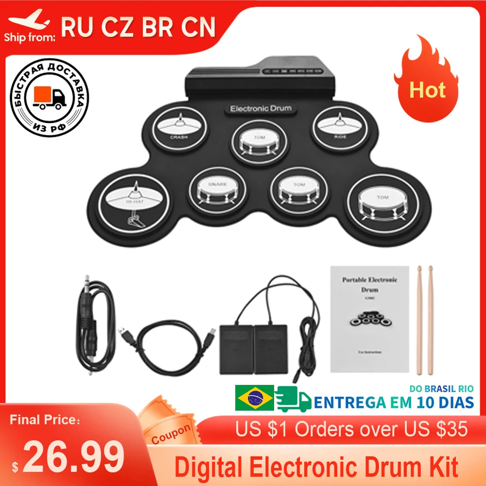 Digital Electronic Drum Compact Size USB Foldable Silicon Drums Set Toyland EU