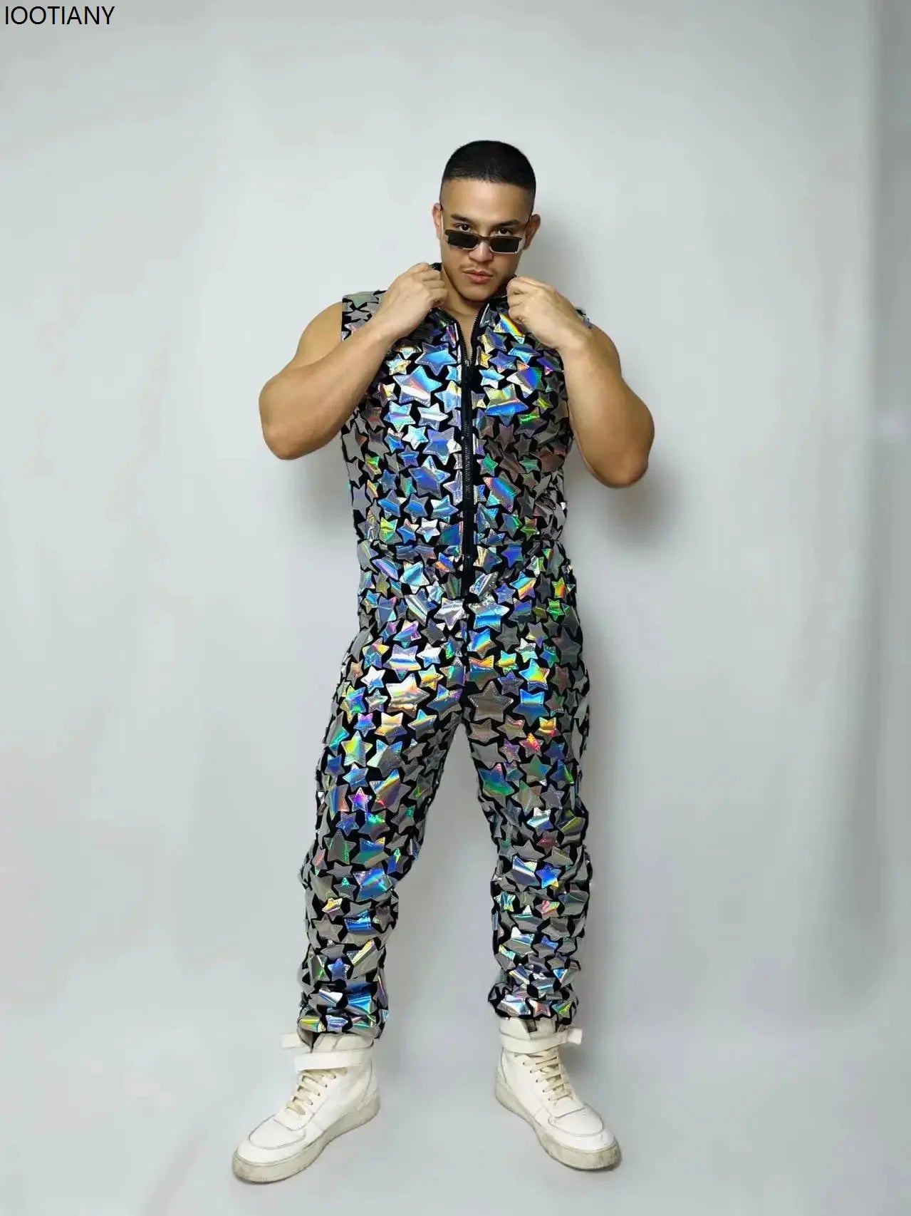 Men's Laser Mirror Sleeveless Jumpsuit | Sequin Bodysuit | Hip Hop Dancer Costume