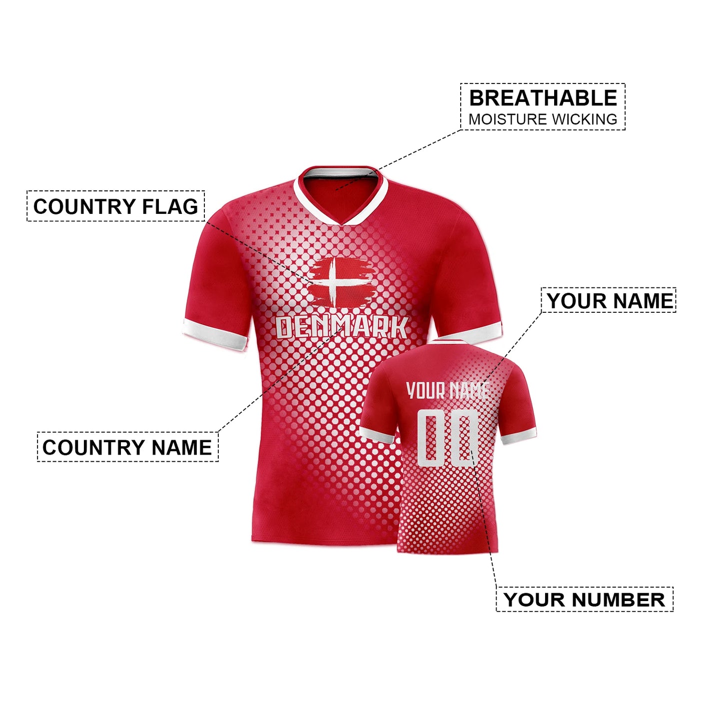 Denmark Customizable National Soccer Jersey with Name, Number, and Polka Dot Flag Design for Fans of All Ages