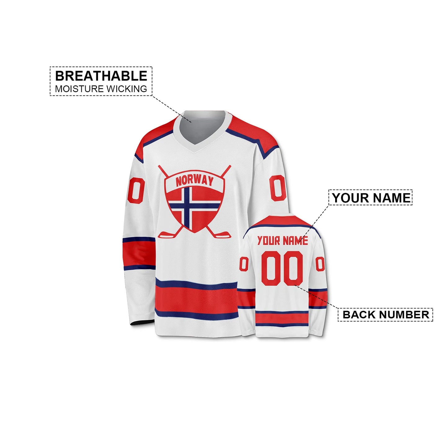 Customizable Norway Ice Hockey Jersey for Men, Women, Youth & Kids - Personalized Team Shirt with Name & Number