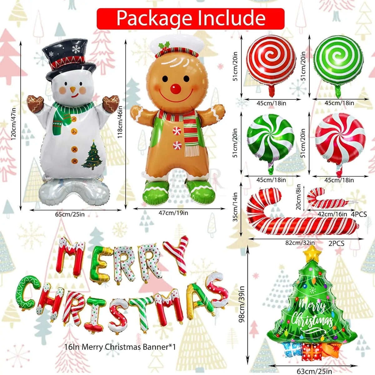 Christmas Foil Balloon Banner | 48 In Giant Shape | Candy Cane Tree | Xmas Decor