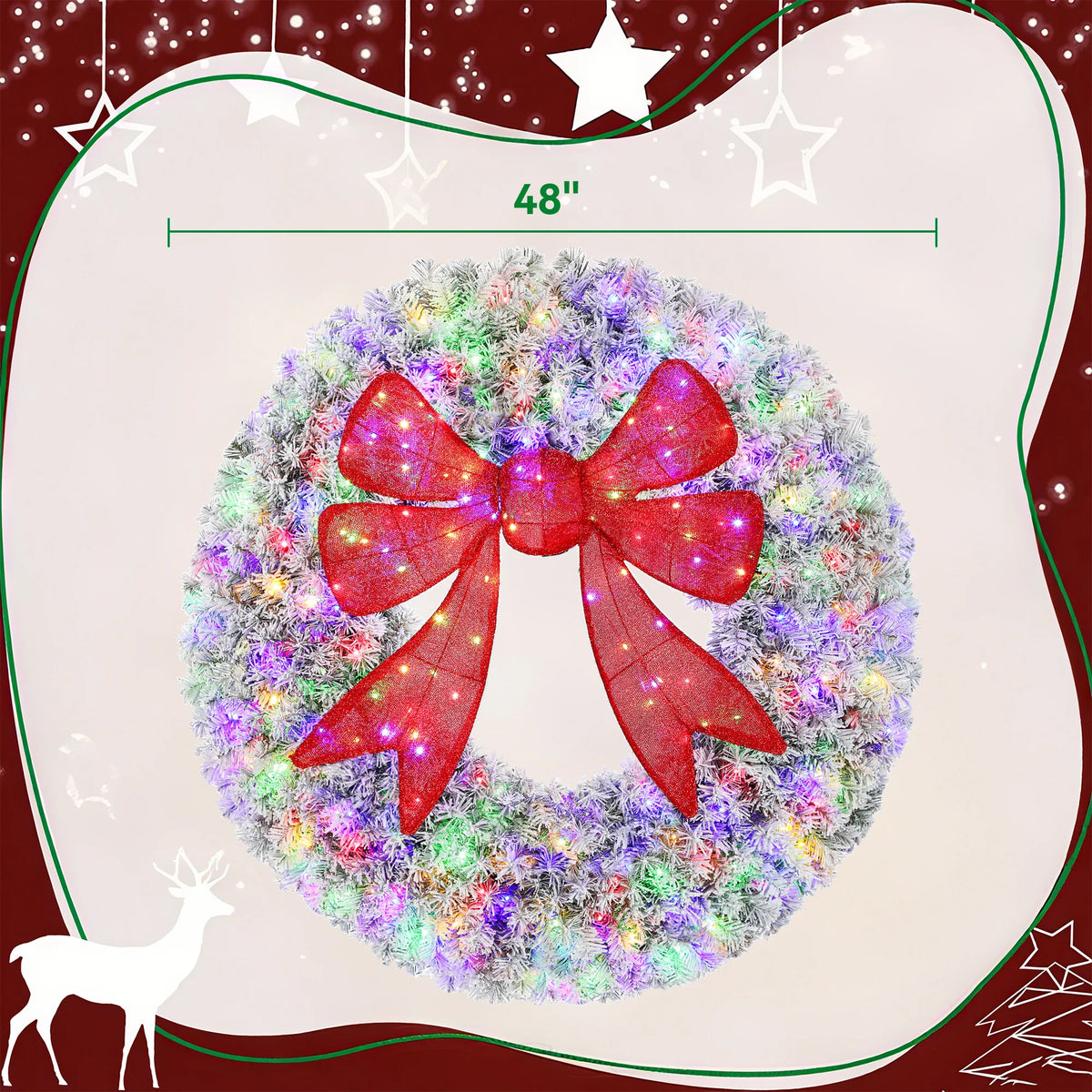 Artificial Christmas Wreath | 48 Inch Flocked | Pre Lit With Bow | Indoor Decor