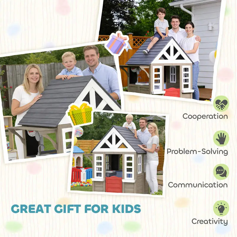 Wooden Outdoor Playhouse For Kids With Stove Set Backyard Fun