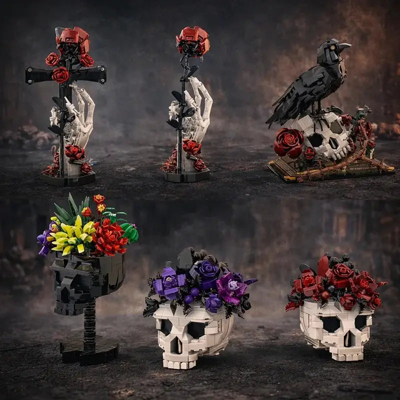 Mymocs Ideas Skull Roses Bouquet Bricks Model Gothic Crow Skull Flowers Plant Pot Decorate Building Blocks Kid Toys Adult Gift - ToylandEU