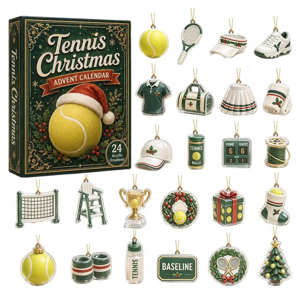 Advent Calendar | 24 Day Tennis Theme | Acrylic Visors Nets And Trophies | Sports Christmas Tree Ornaments