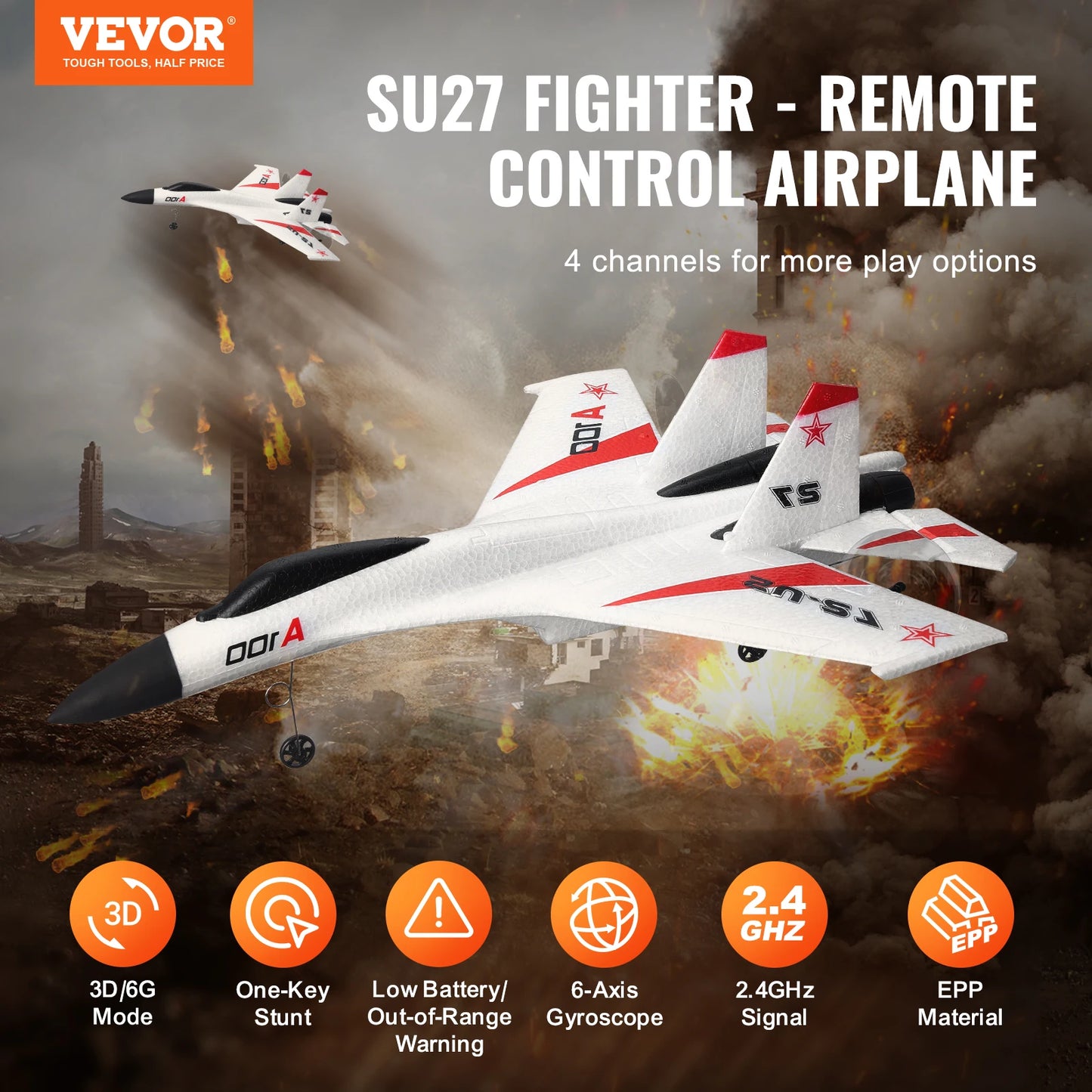 RC VEVOR SU27 2.4G Remote Control Glider Airplane with Dual Batteries - Foam Aircraft Toy for Children and Beginners