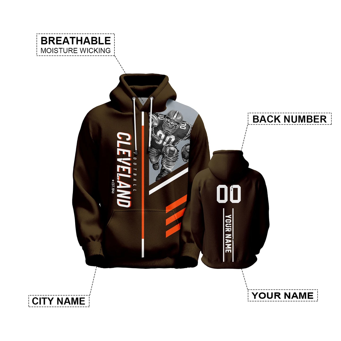 Personalized Cleveland City Football Hoodie with Custom Name & Number - Unisex 3D Printed Pullover Sweatshirt for Men, Women, and Youth