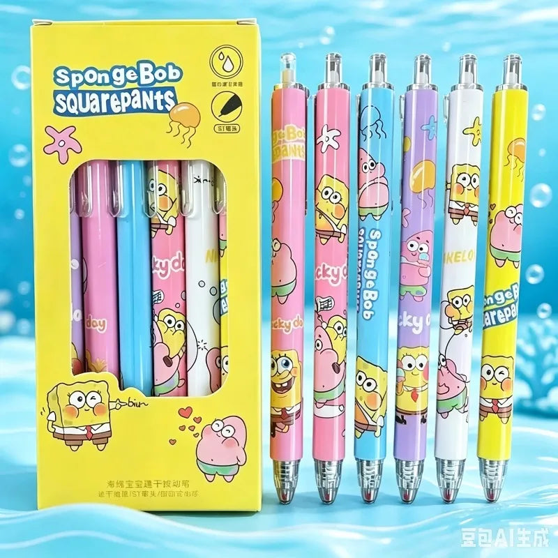 Retractable Gel Pens | SpongeBob Theme | Quick Dry Black | 6 Pack Student Set