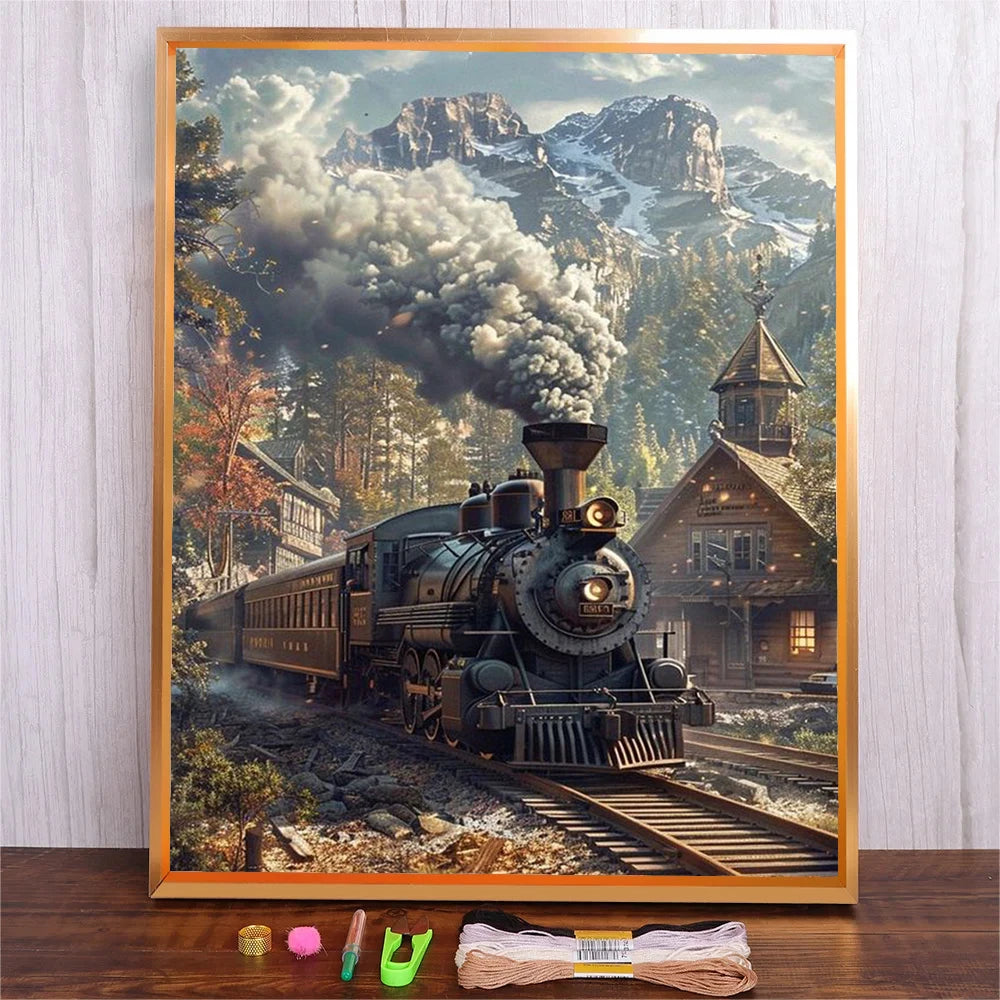 Steam Train Scenic Embroidery Kit for Beginners - Cross Stitch Patterns for Adults