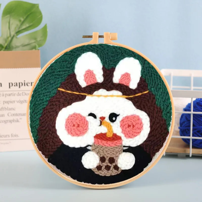 Beginner Cat & Floral Punch Needle Kit - Adjustable Embroidery Pen, Hoop, and Craft Supplies for Kids and Adults