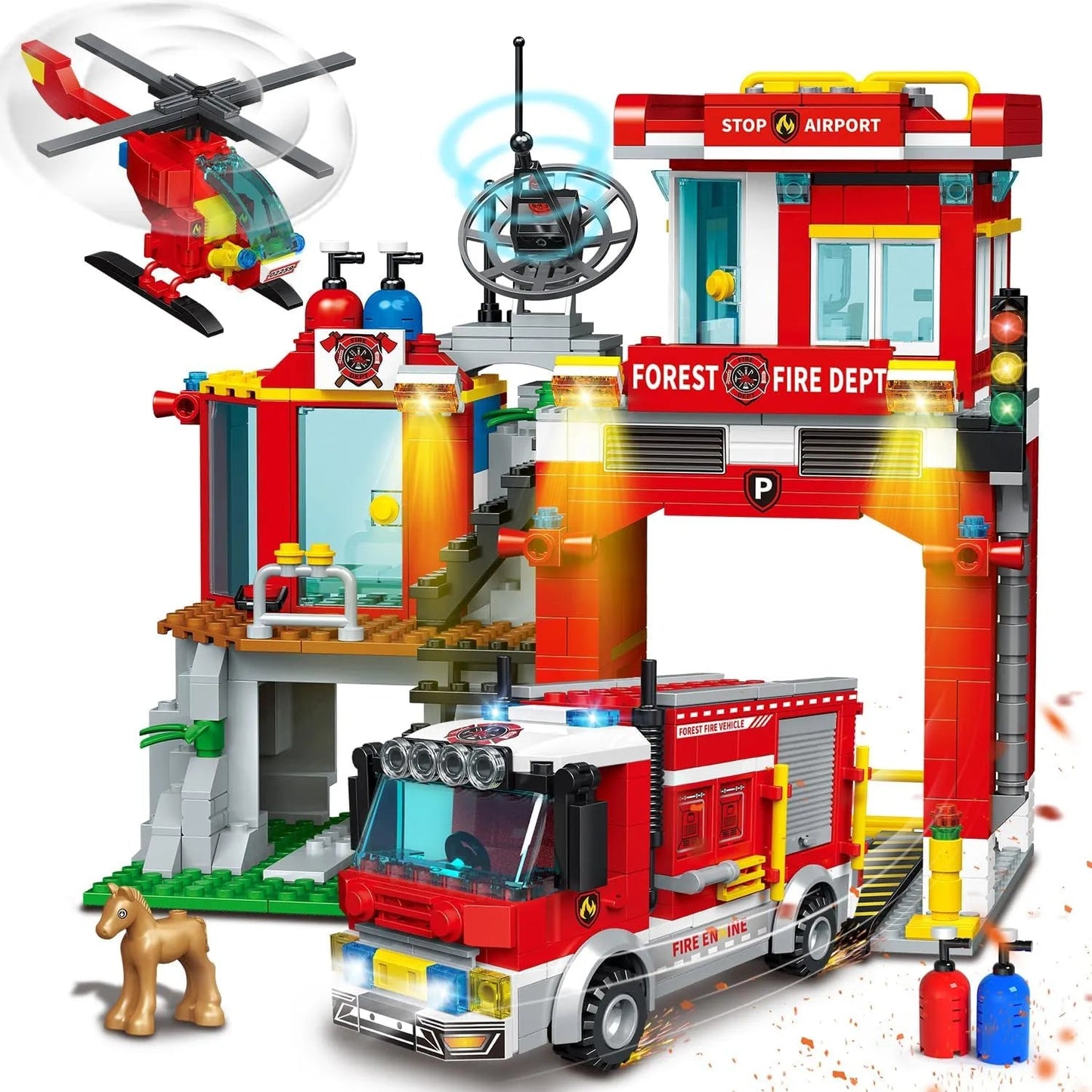 HOGOKIDS Fire Station Building Kit Toy with Fire Truck & Rescue Helicopters - ToylandEU