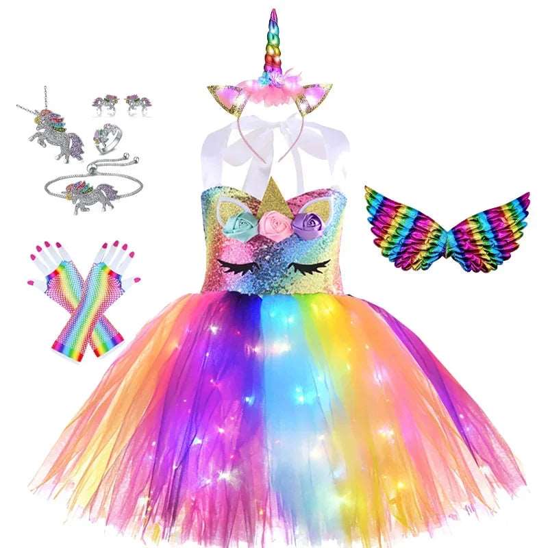 Enchanted Rainbow Unicorn Tutu Dress for Girls - Summer Fantasy Cosplay Costume with Glowing Appliques