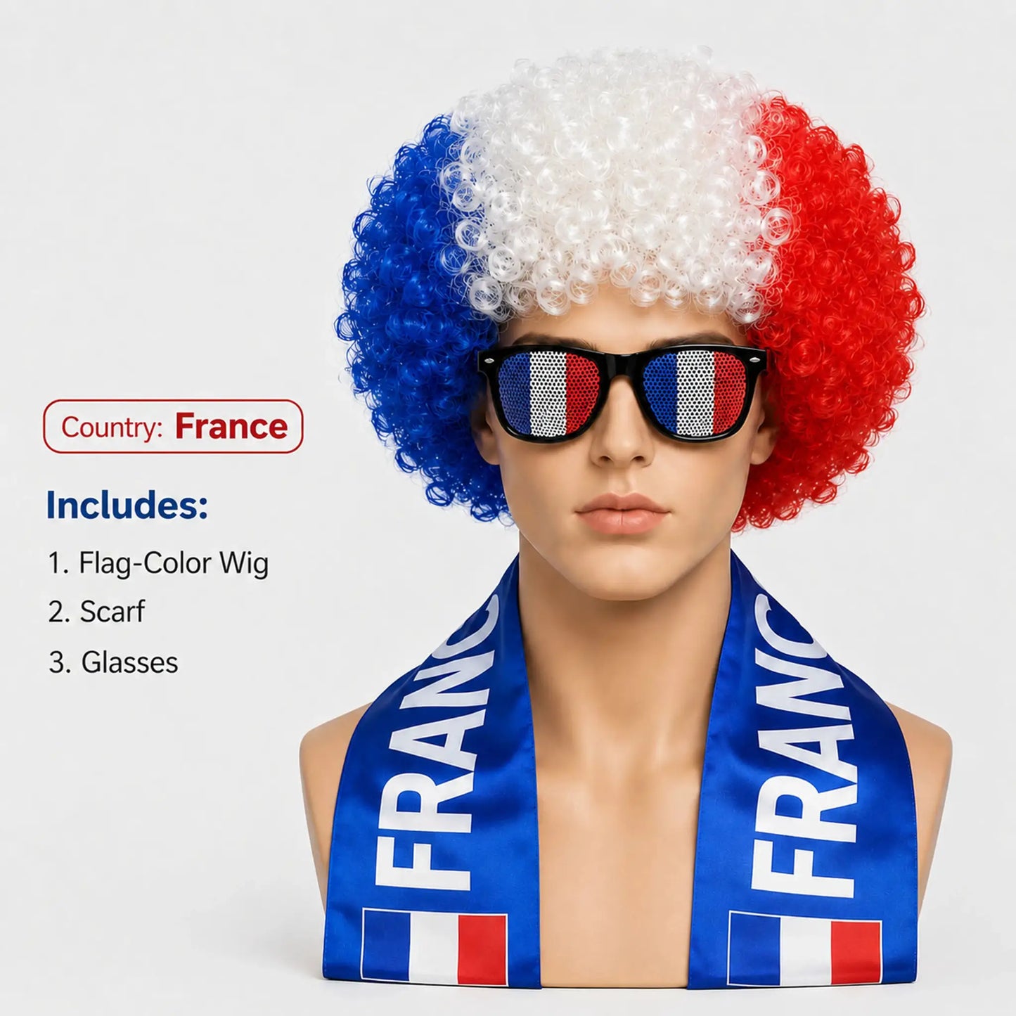 World Cup Flag Color Wig Glasses Set, Kinky Curly Wig Fan Hair Including Scarf Glasses Set European Cup National Team Dress - ToylandEU