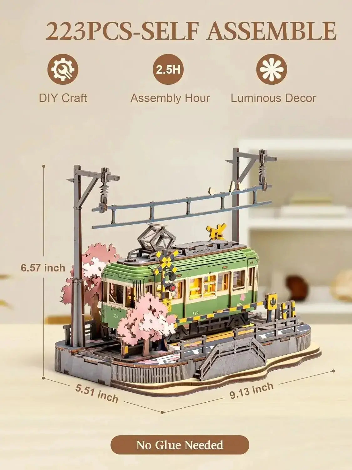 Robotime Sakura Journey Tram 3D Wooden Puzzles with LED Lights Home Decor Gift for Adults Women Girls - ToylandEU